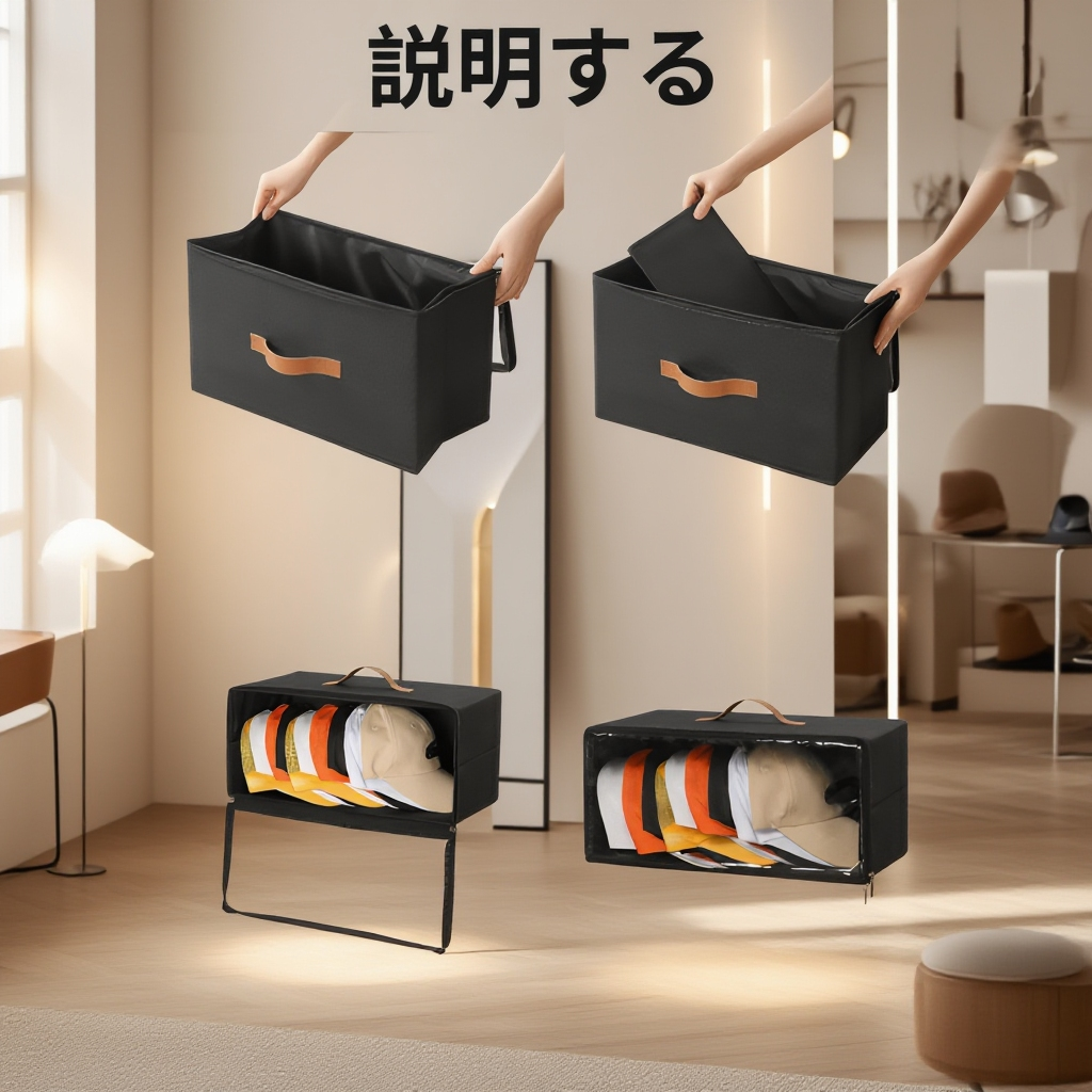 複数の野球帽が整理された収納ボックス