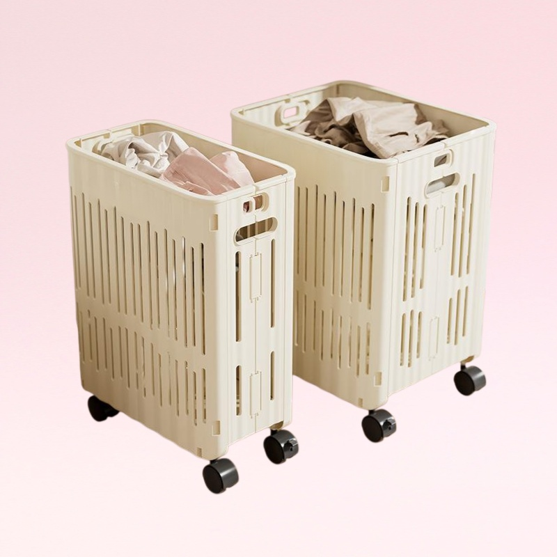 ตะกร้าผ้าสกปรกพับได้ ตะกร้าเก็บเสื้อผ้าแบบมีล้อ