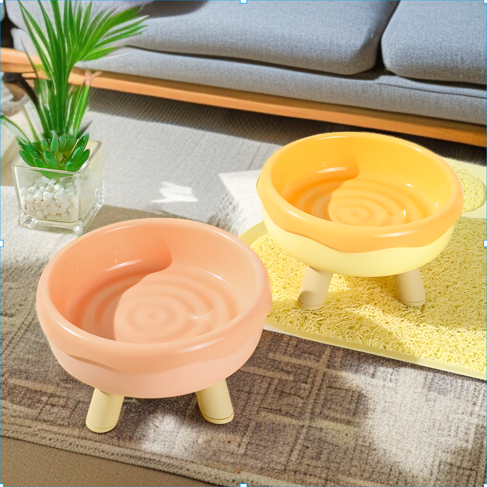 JMY-甜甜圈馬卡龍色貓碗四腳高碗塑膠平口貓咪食盤寵物用品