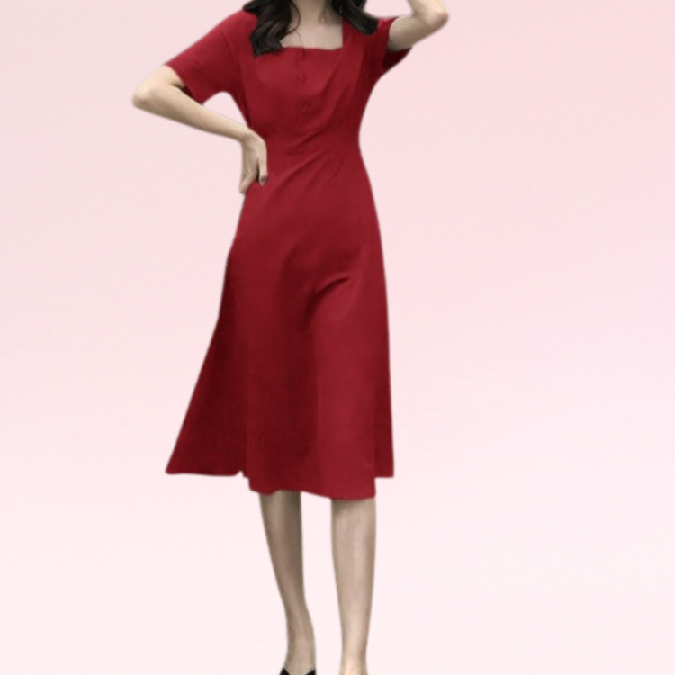 夏の新作フレンチリンドウレトロスカートヘップバーン風の小ぶりなお腹周りをカバーできるスクエアネックのミドル丈ドレス