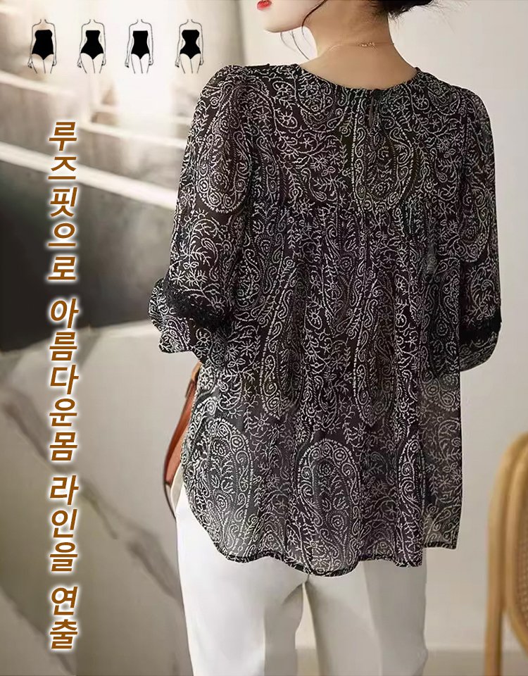 레이스 배색 프린트 쉬폰 블라우스