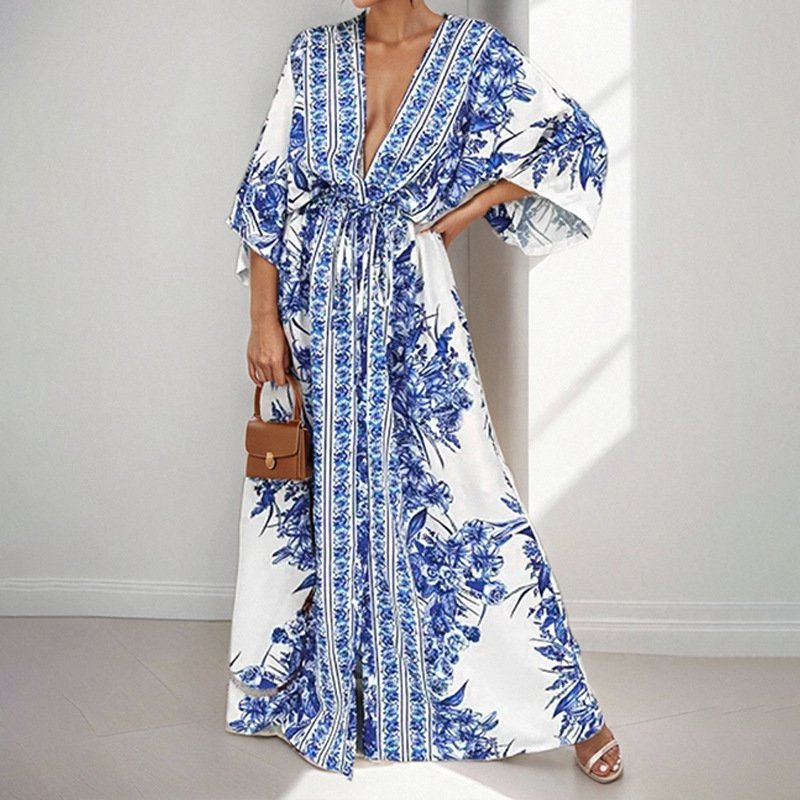 V-collar uvolněné velké evropské stylové módní jarní šaty