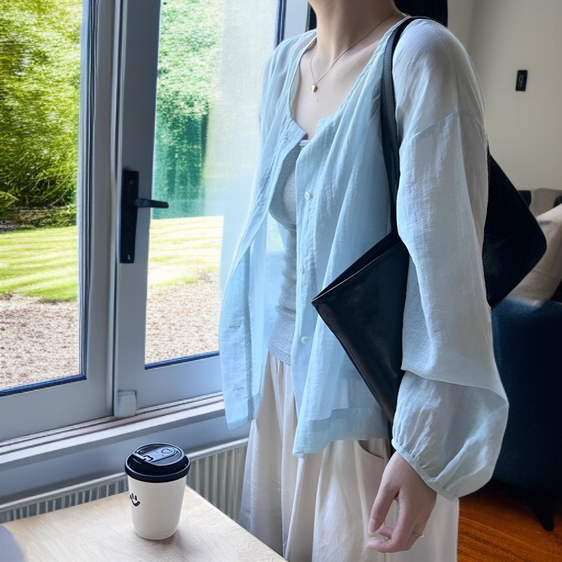 긴팔 벌룬소매 선블라우스 부드러운 카디건 블라우스 시스루 여름 얇은 텐셀 라운드 블라우스