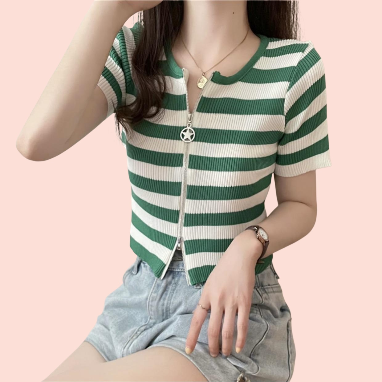 여성 여름 반팔 슬림 크롭 스트라이프 더블 집업 니트 가디건