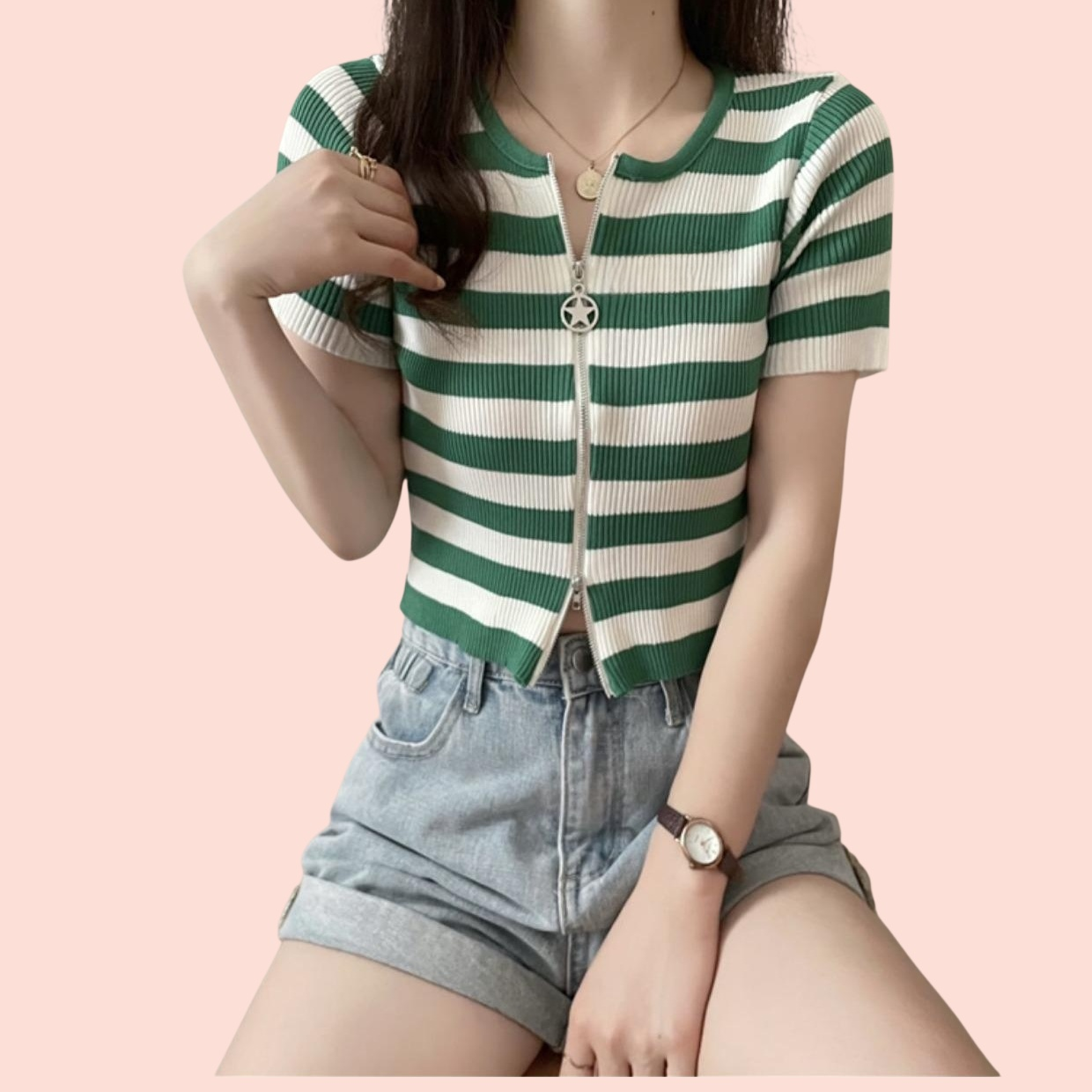 여성 여름 반팔 슬림 크롭 스트라이프 더블 집업 니트 가디건
