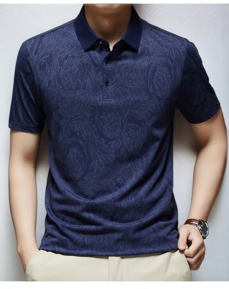 여름 비즈니스 캐주얼 남성 반팔 배기 얇은 티셔츠 프린트 터틀넥 아빠 상의