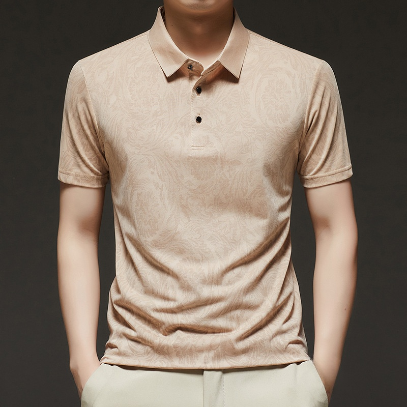  夏のビジネスカジュアルメンズ半袖薄手プリントタートルネックTシャツ父用トップス