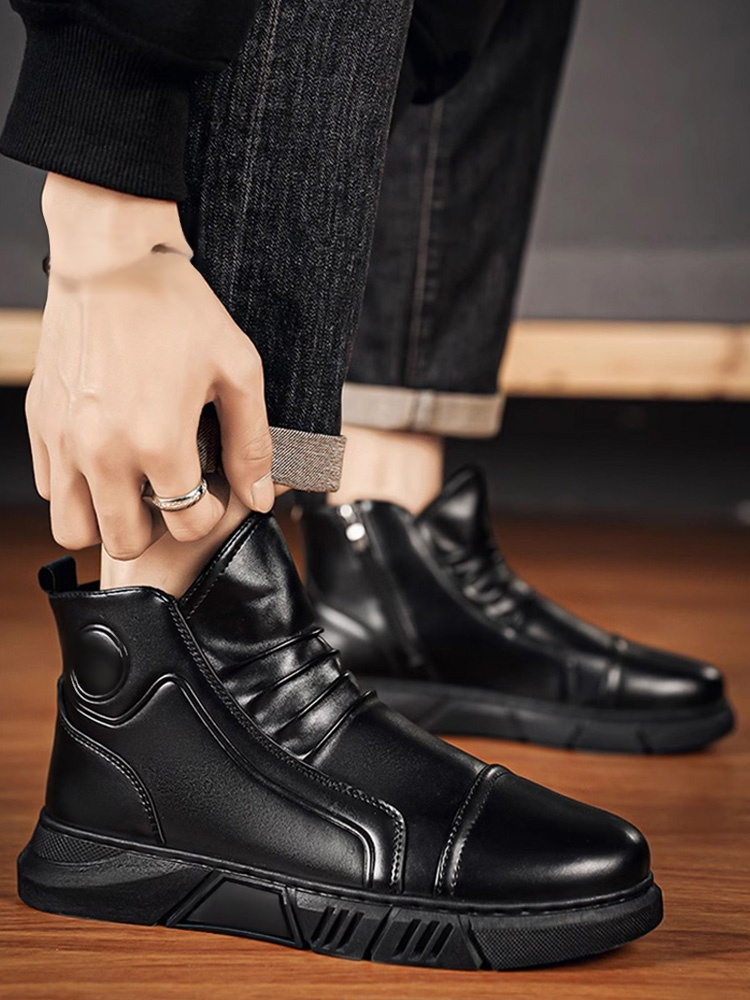 남성용 하이탑 기모 가죽 부츠 