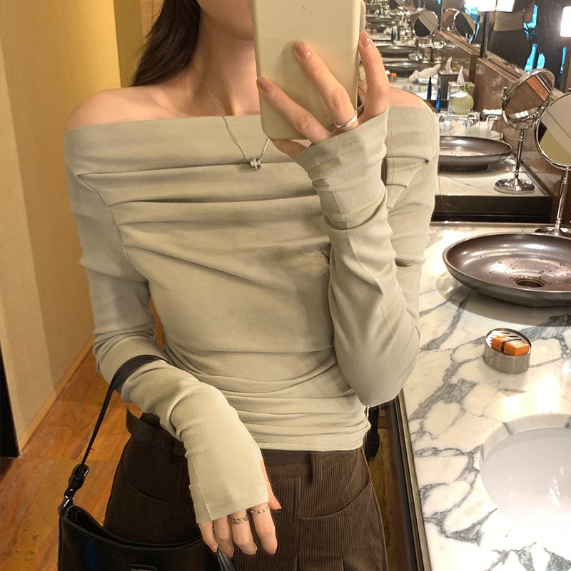 허리 조이는 쇼트 상의 셔링 섹시 쇼트 상의 긴팔 티셔츠 여 슬림핏 허리 조이는 봄옷