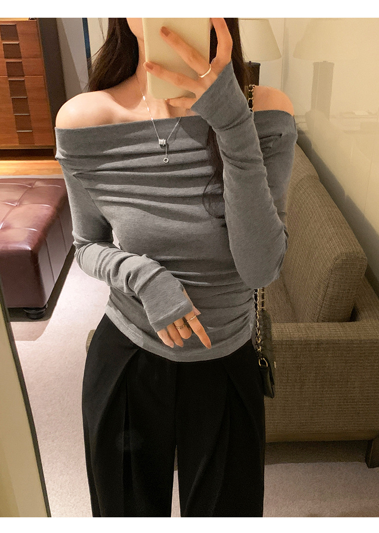 허리 조이는 슬림핏 셔링 긴팔 티셔츠 착용샷