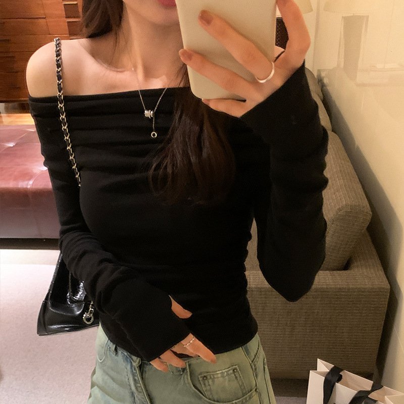 허리 조이는 쇼트 상의 셔링 섹시 쇼트 상의 긴팔 티셔츠 여 슬림핏 허리 조이는 봄옷