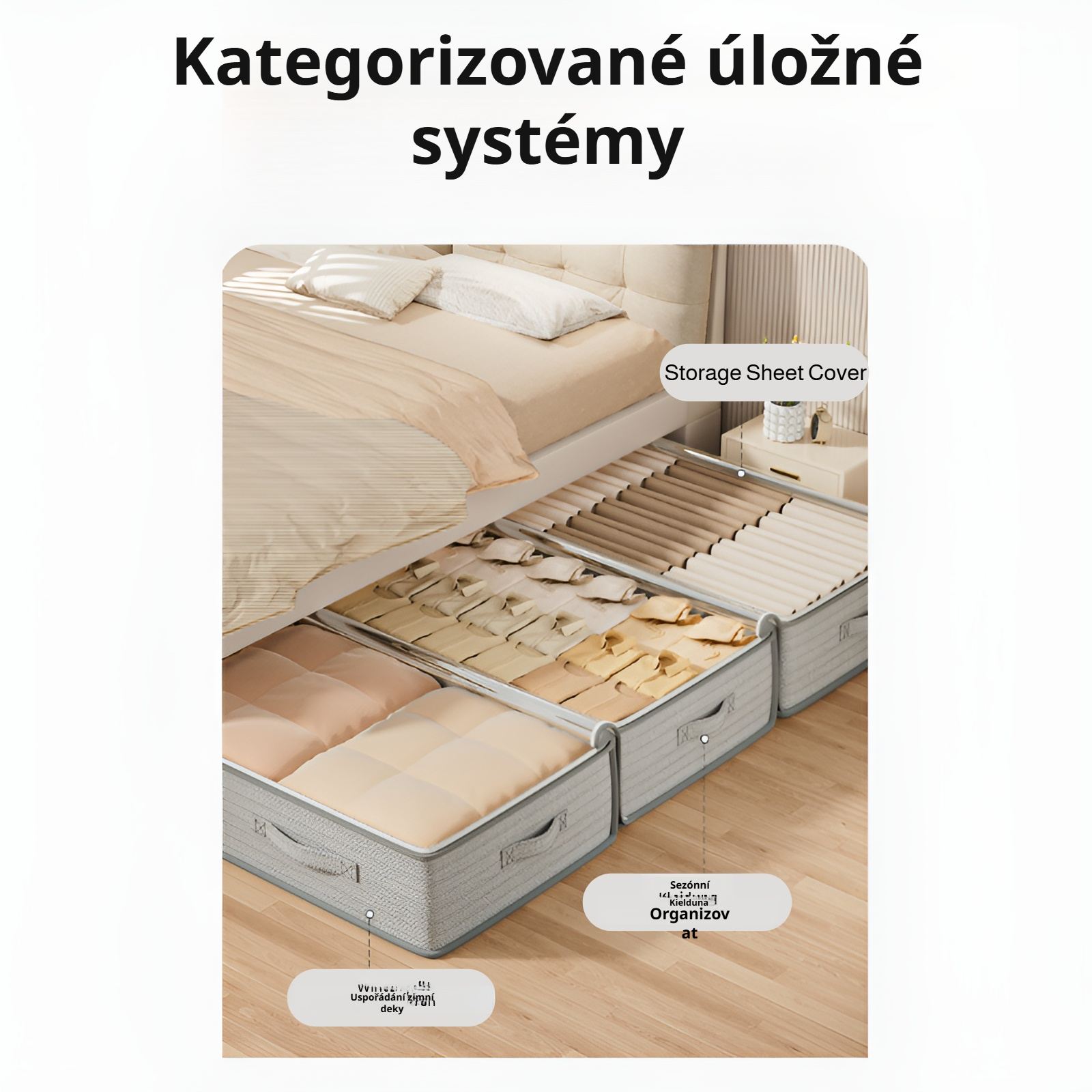 Šuplíkový úložný box pod postel s dekou uvnitř