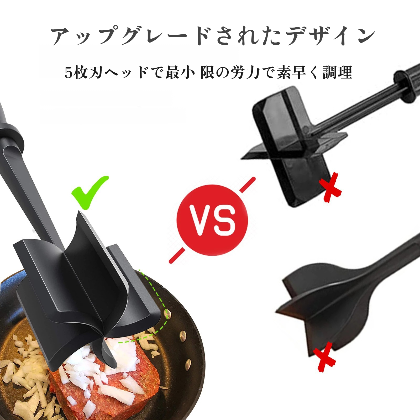 ハンドヘルド肉切り調理用ヘラでミンチ肉を混ぜる様子