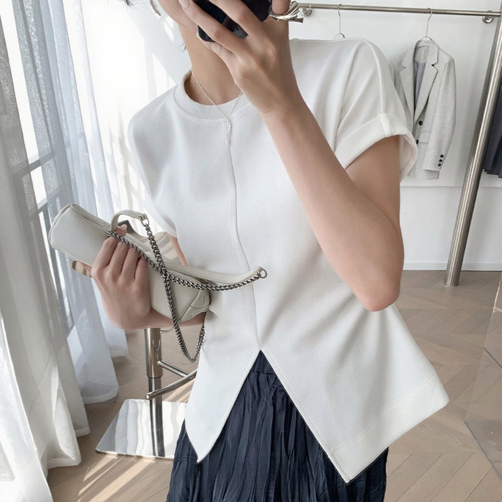 디자인 센스 단색 슬릿 쇼트 여성 상의