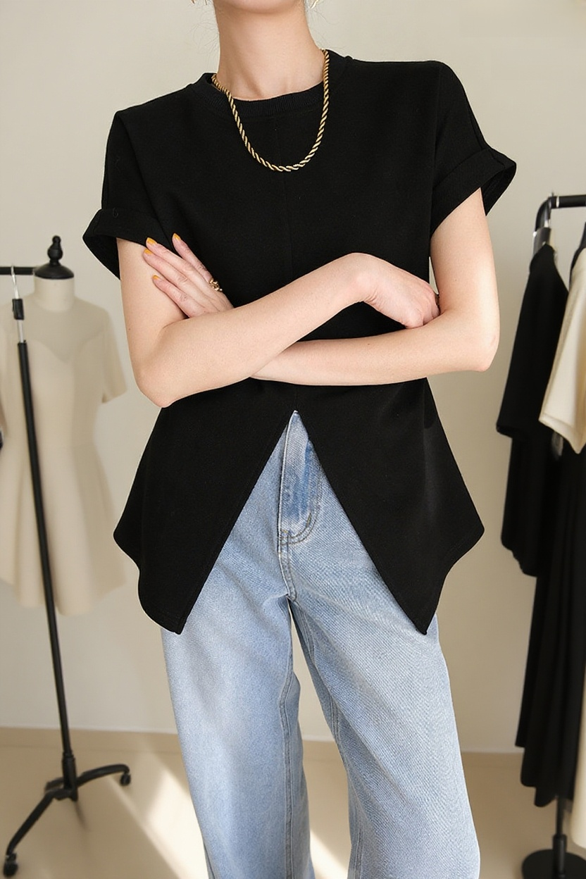 여성용 단색 반팔 상의 디테일 확대