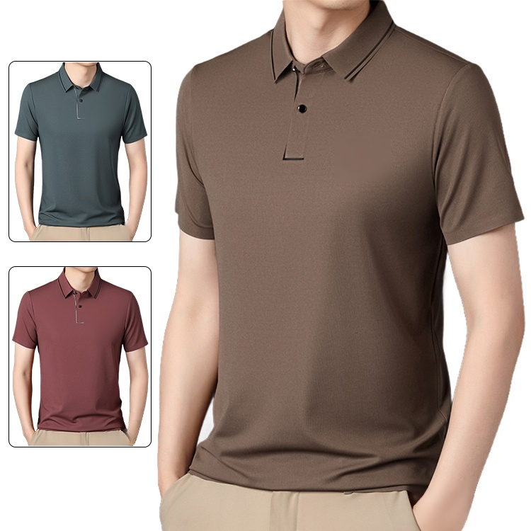 メンズ折り襟シルクポロシャツ、通気性快適冷感メンズ半袖、夏用メンズ半袖
