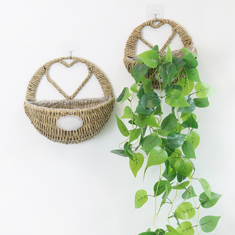 Unobtrusive Greenery Hanging Basin Natural Grass Rope Waterproof lining Hanging Flower Basket handwo