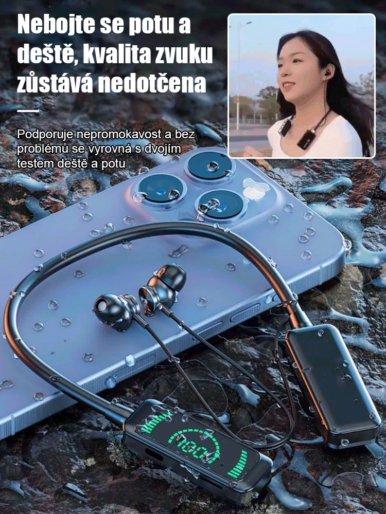 Bezdrátová bluetooth sluchátka na krk pro karaoke.