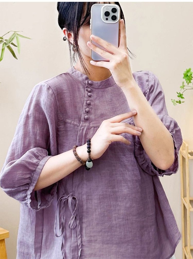 高品質コットンリネン素材のレトロトップス