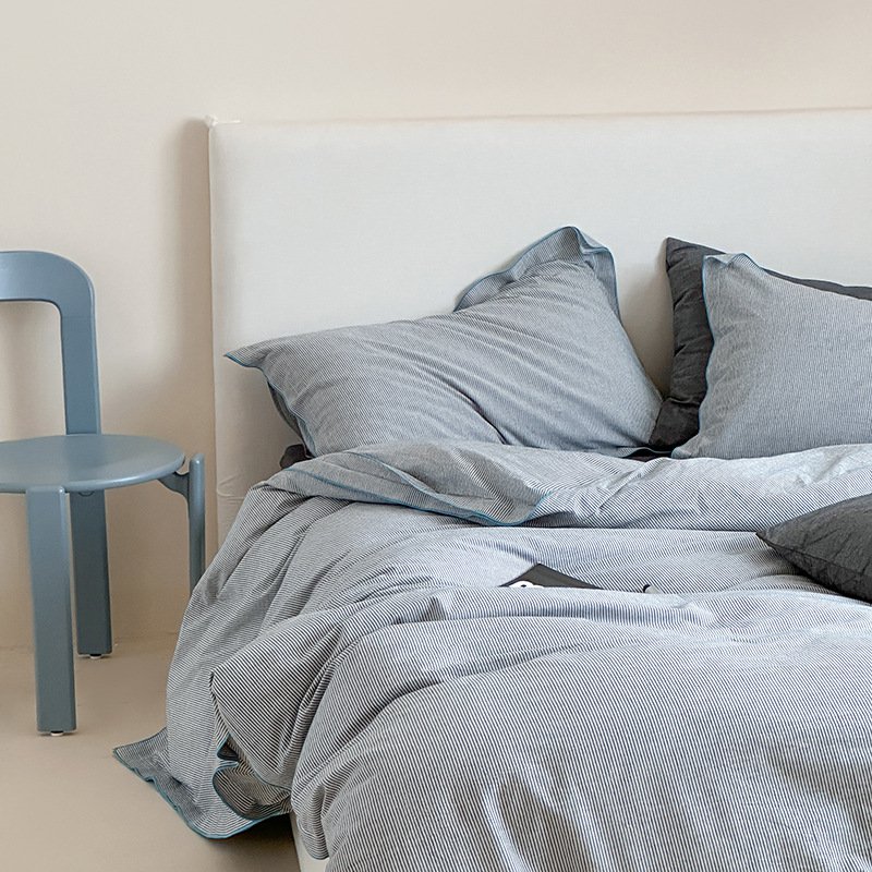 100%コットンウォッシュコットンストライプの肌に優しい寝具4点セット