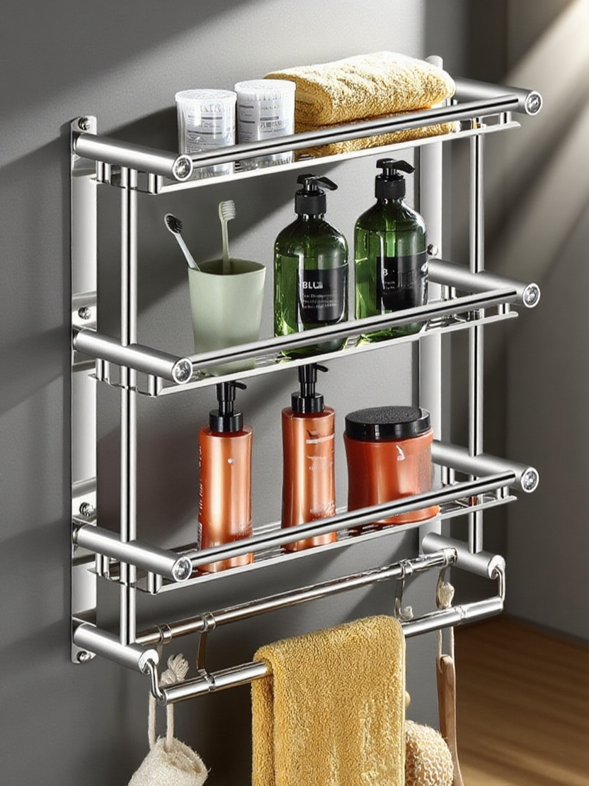 穴開け必要無し多機能バスルーム収納棚