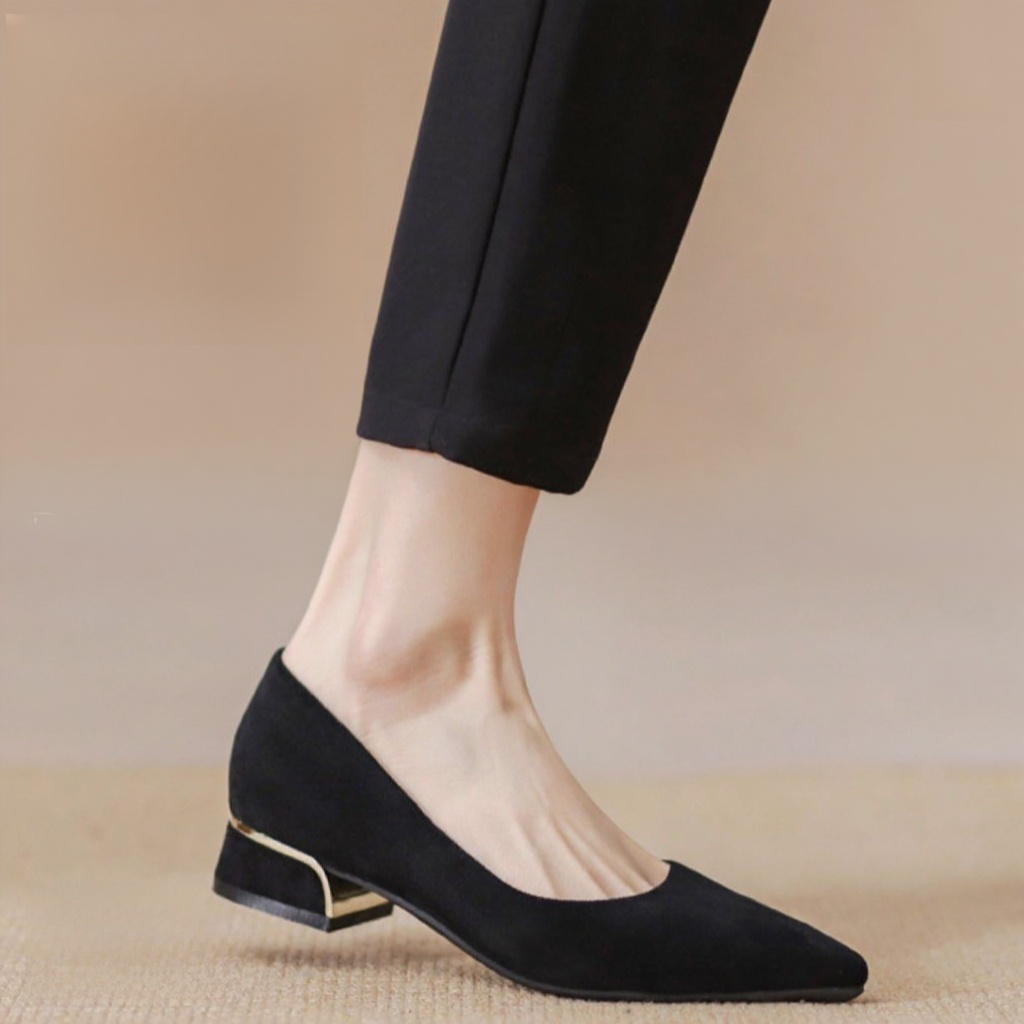 ブラックスエードの厚底ヒールシューズ、レディース2025年春秋新作、つま先が尖ったハイヒール、プロフェッショナルなフォーマルワークシューズ