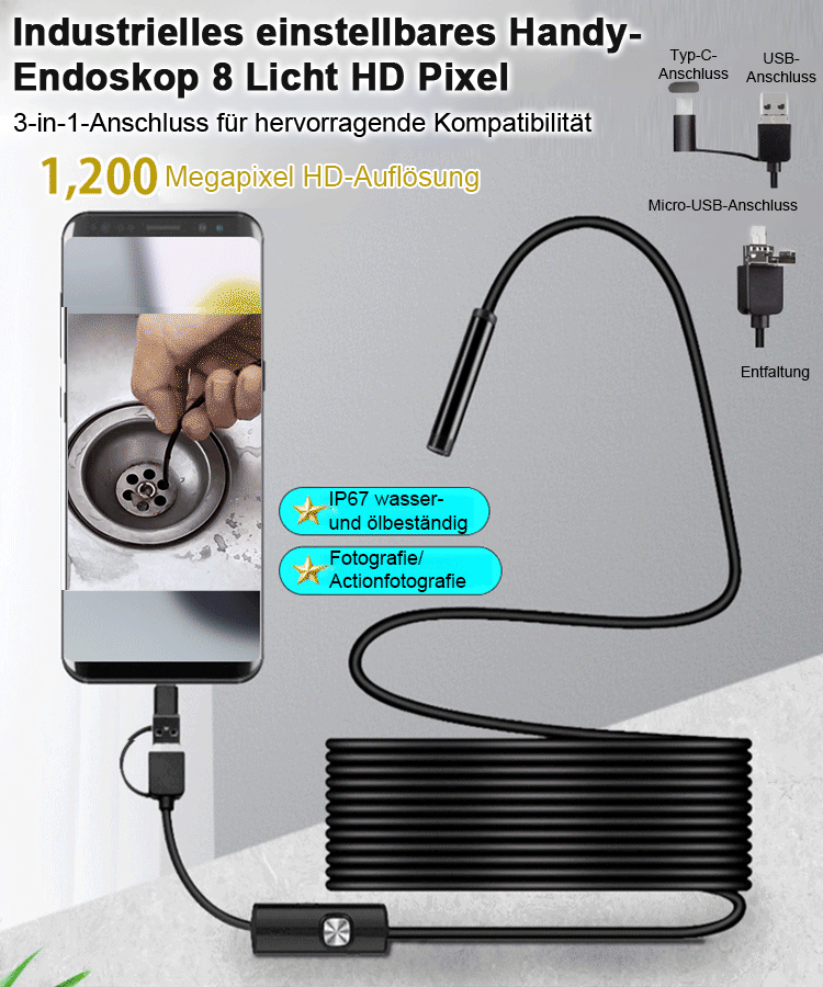 Industrieller verstellbarer Smartphone-Endoskop mit 8 LED-Lichtern und HD-Auflösung