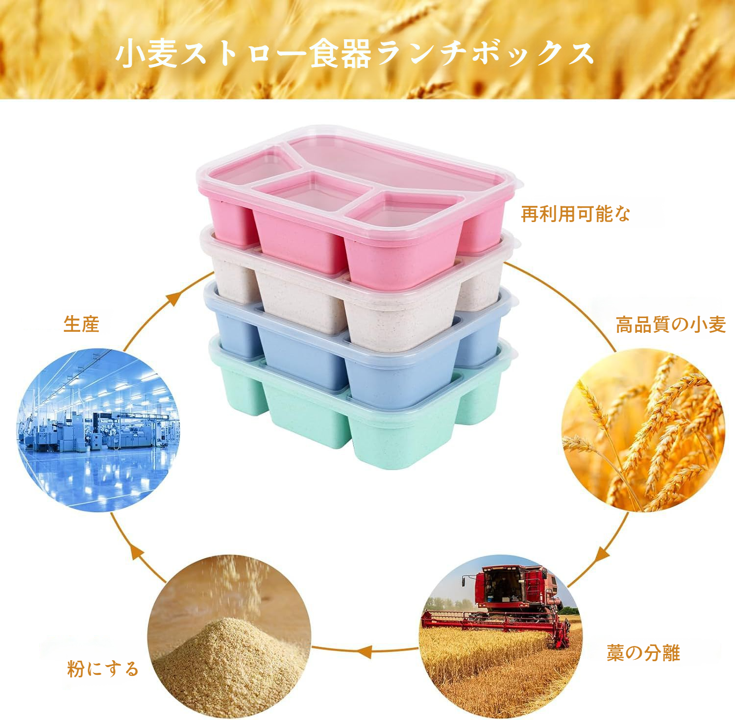 食品グレードの籾殻ランチボックス小麦食器ランチボックス小麦わらコンパートメントランチボックススクエアファーストフードボックス小麦わらランチボックス