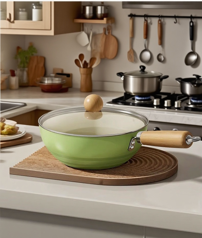 調理中のアボカドグリーン中華鍋の使用例