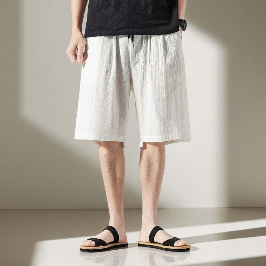 メンズ夏季綿麻五分丈パンツ     接触冷感