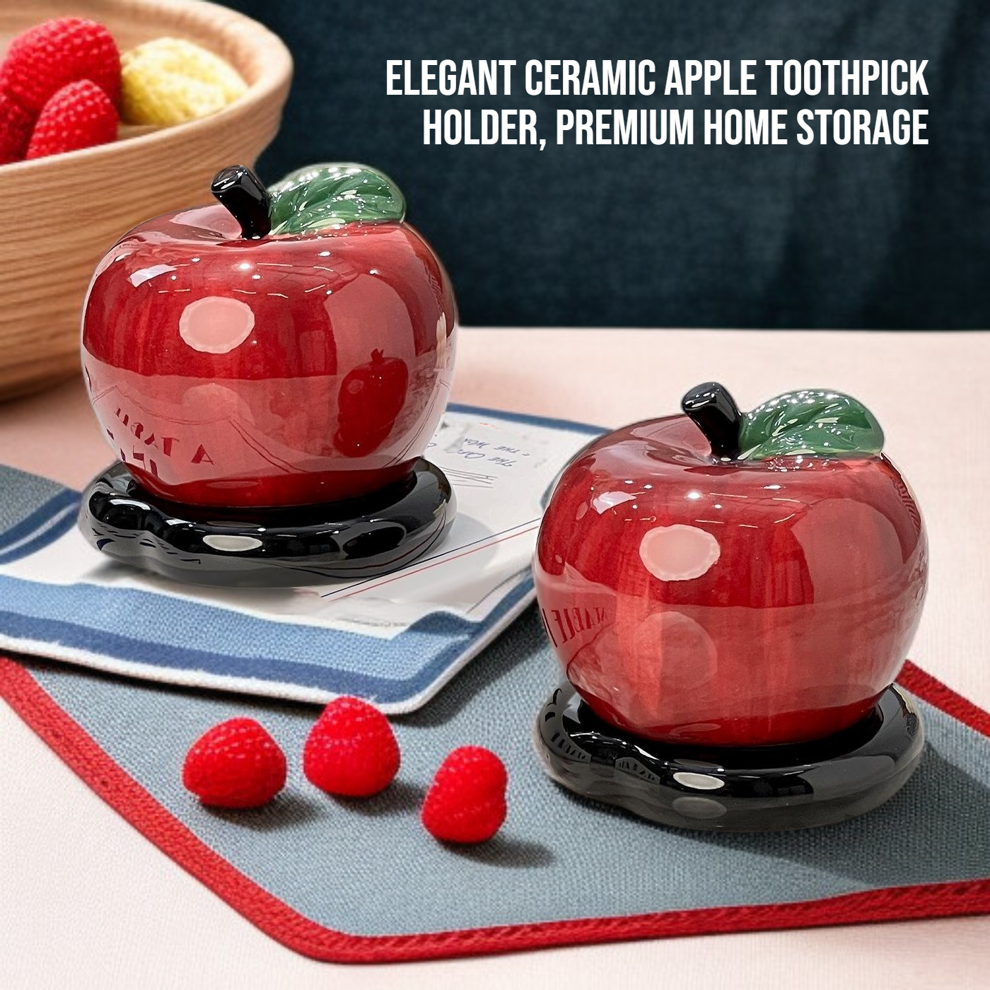 Close-up of apple shaped ceramic toothpick holder