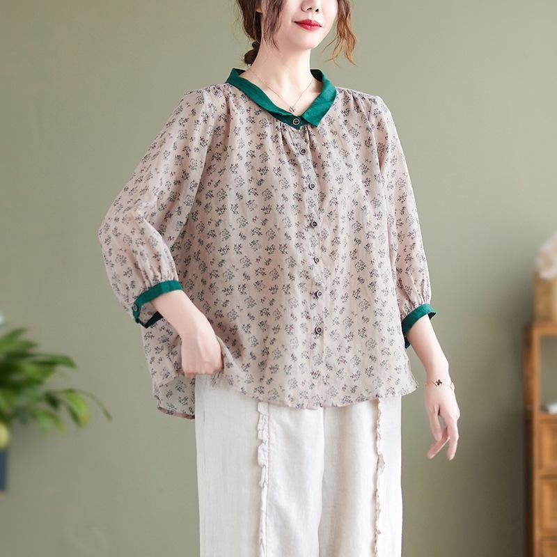 신상 여름 여성복 프린트 셔츠 코튼 마 문예 멜란 가디건 칼라 칠부 소매 캐주얼 셔츠녀