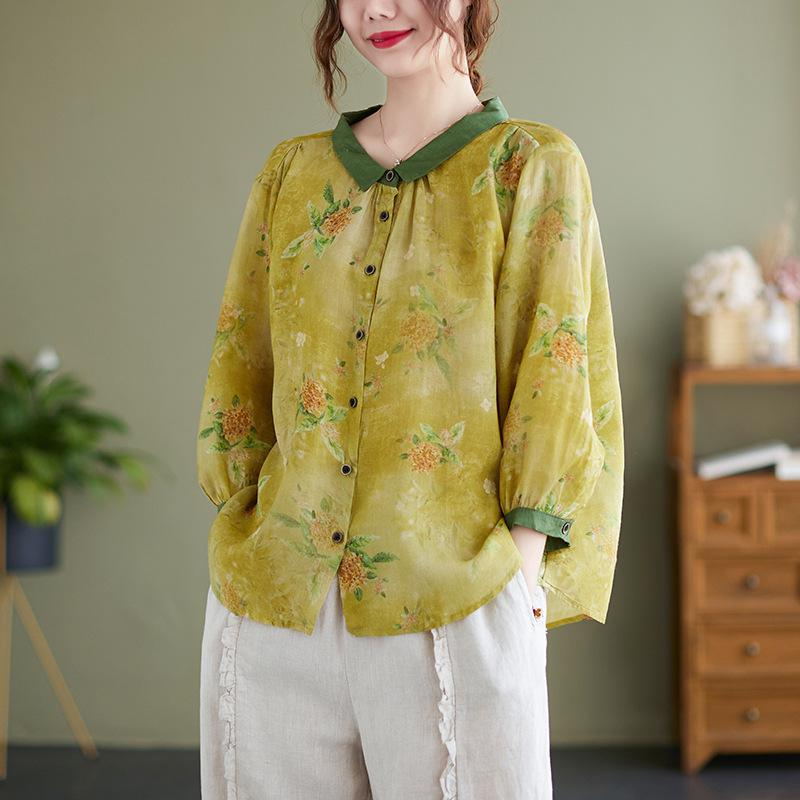 신상 여름 여성복 프린트 셔츠 코튼 마 문예 멜란 가디건 칼라 칠부 소매 캐주얼 셔츠녀