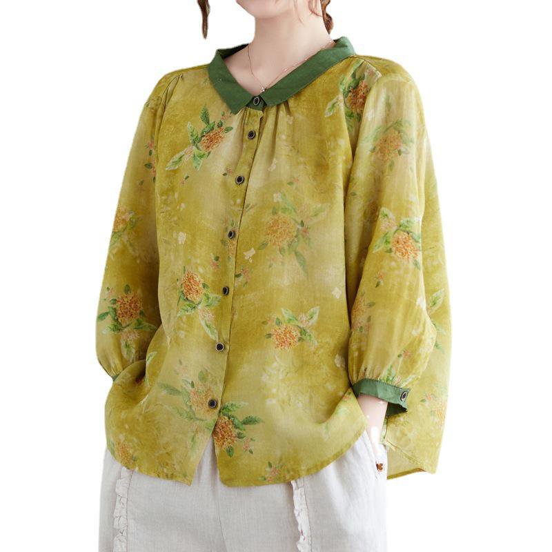 신상 여름 여성복 프린트 셔츠 코튼 마 문예 멜란 가디건 칼라 칠부 소매 캐주얼 셔츠녀
