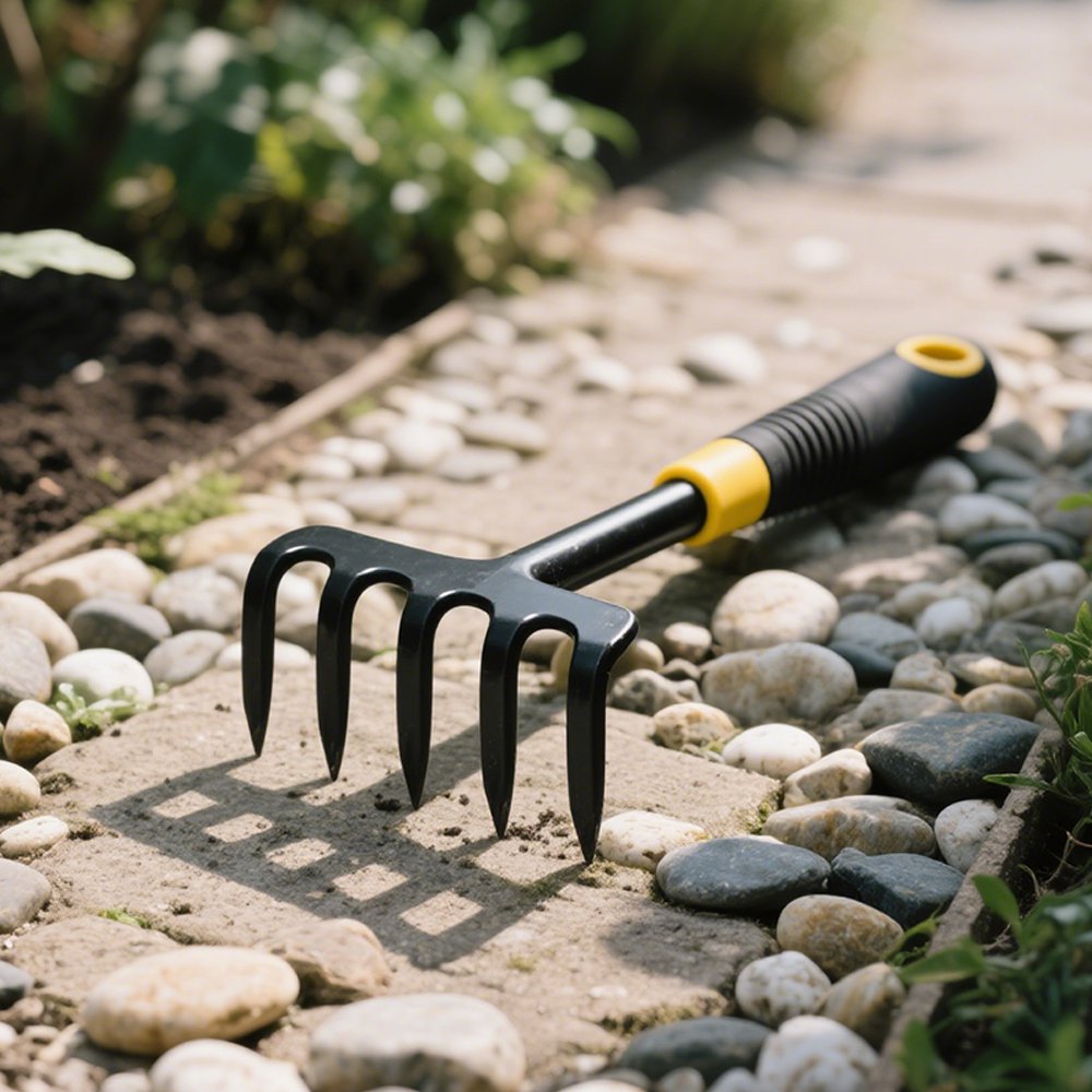 정원에서 사용 중인 알루미늄 잔디 갈퀴