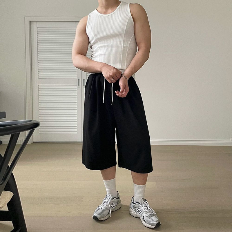 남자 여름 와이드 그레이 맨투맨 7부 캐주얼 반바지 루즈핏 반바지 코디