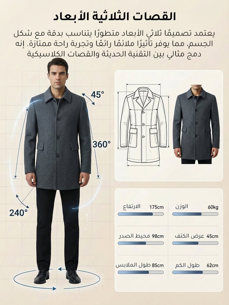 معطف صوف أنيق بياقة مطوية للرجال