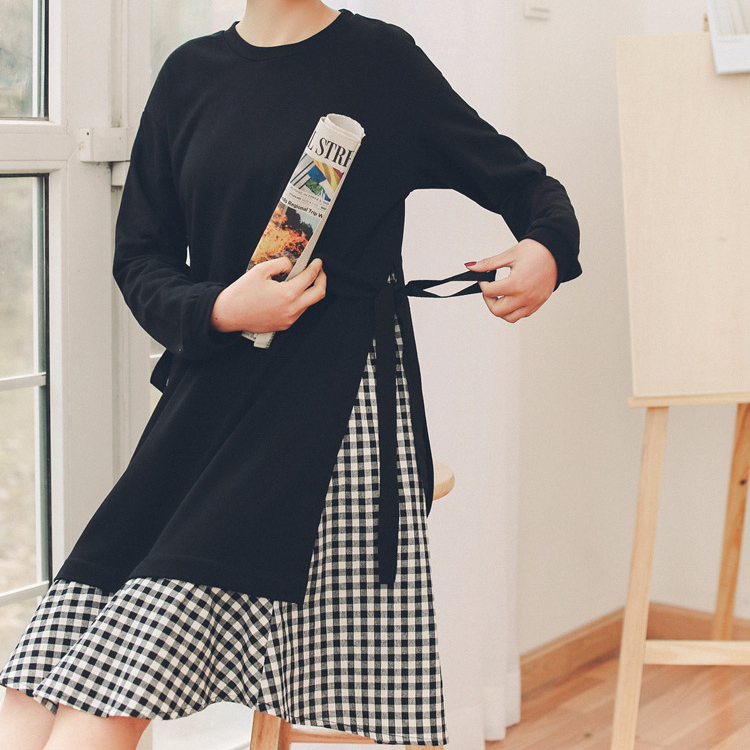 【2018チェック柄長袖ワンピース】綿 カジュアル　痩せ見え　高く見え　快適