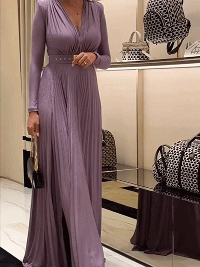 [هدية لفترة محدودة] فستان سهرة طويل بتنورة طويلة ورقبة على شكل حرف V من سلسلة الأزياء الراقية