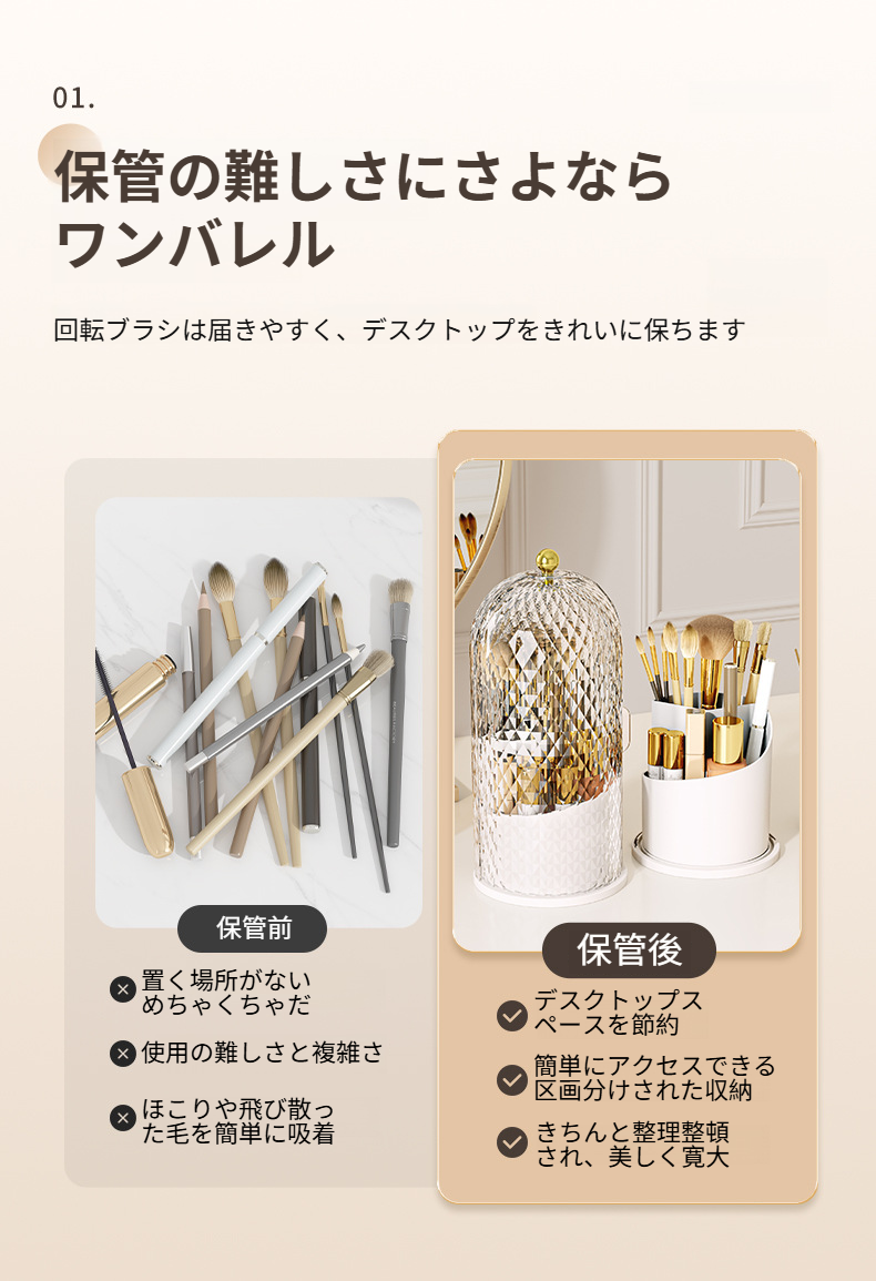 デスクトップに置いた軽量化粧品収納ボックス