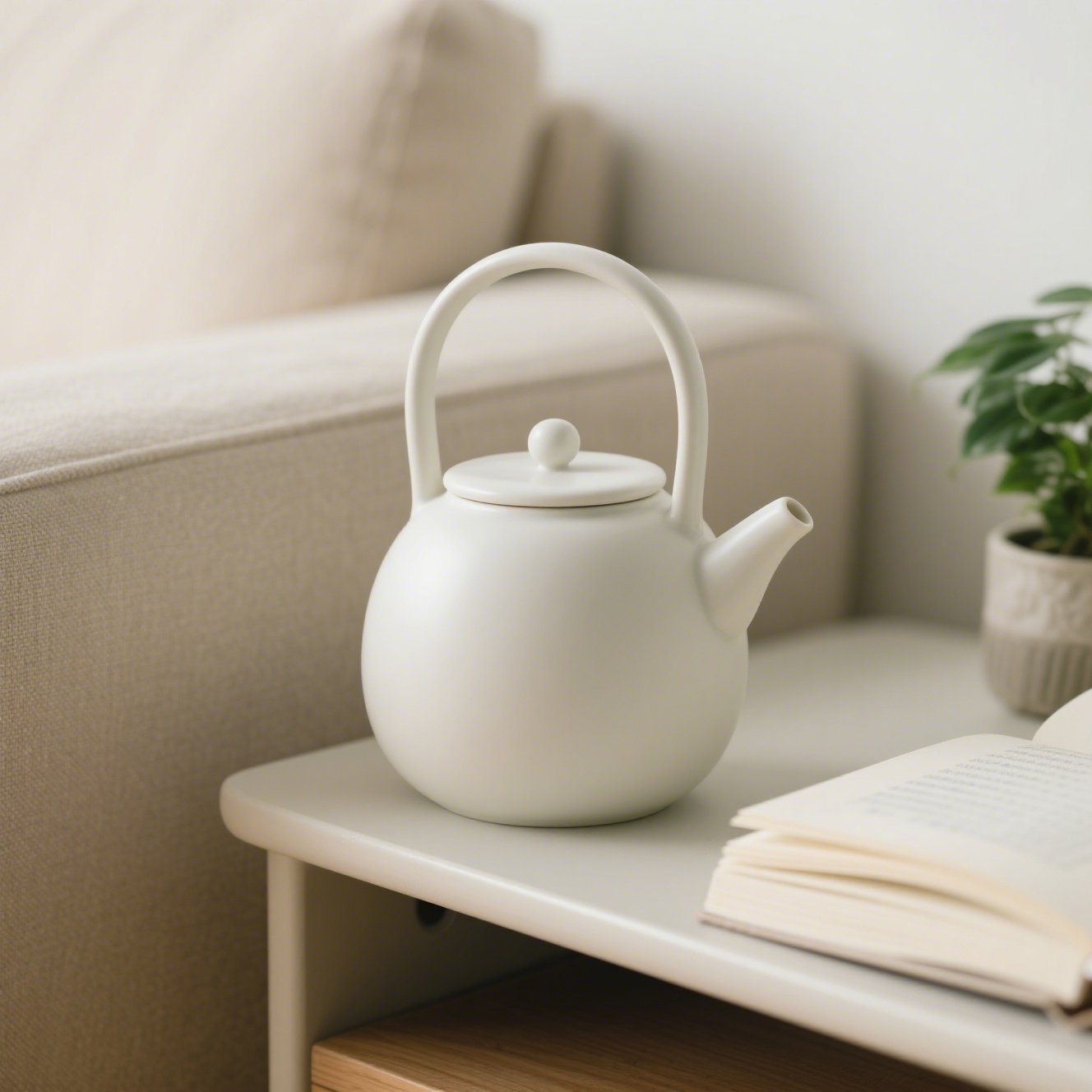 極簡白色陶瓷茶壺正面展示