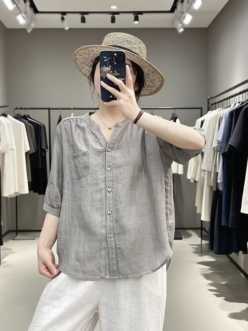 여름용 브이넥 셔츠 자연스러운 핏