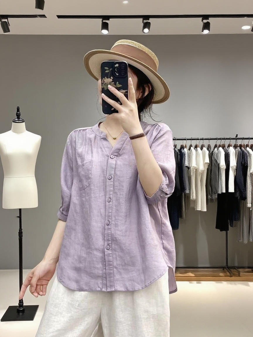 여성스러운 문예 기품 셔츠 착용 컷