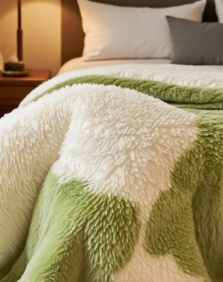Close-up of soft plush texture on grid blanket