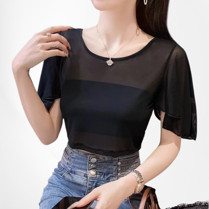 Ultradünnes, transparentes Netzshirt mit Fledermausärmeln und Rundhalsausschnitt