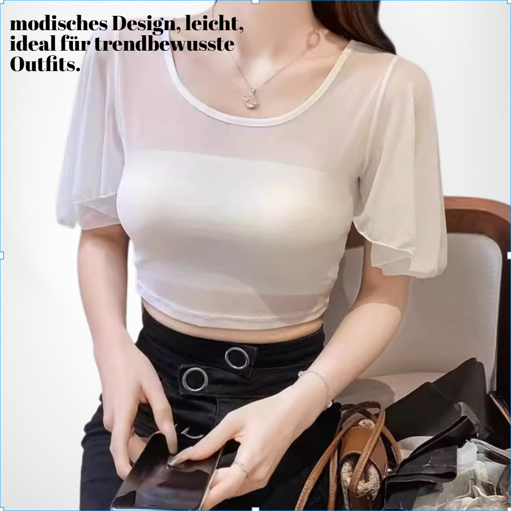 Ultradünnes, transparentes Netzshirt mit Fledermausärmeln und Rundhalsausschnitt