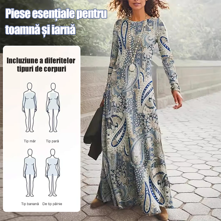 Rochie lungă cu mânecă lungă și guler rotund pentru toamnă și iarnă, versatilă