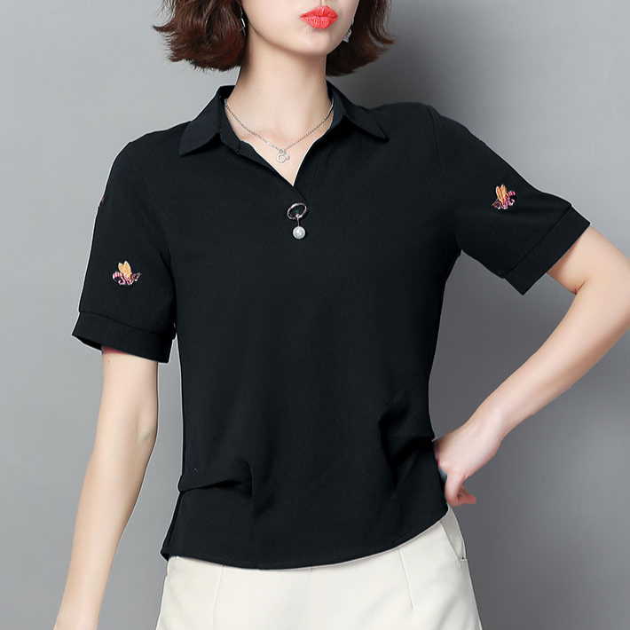 シファン刺繍半袖シャツ  通気性、シワ防止、吸湿、爽やか