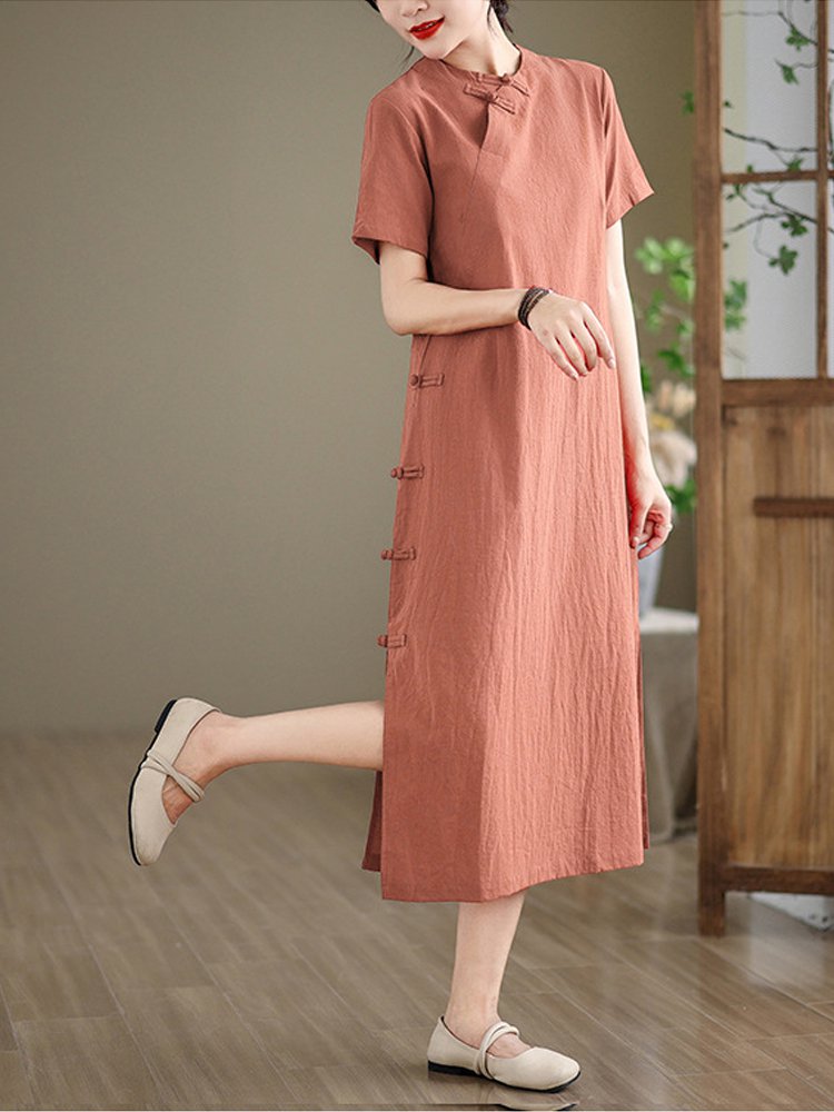 ชุดเดรสกี่เพ้าแขนสั้นผ้าฝ้ายและผ้าลินินสำหรับผู้หญิง