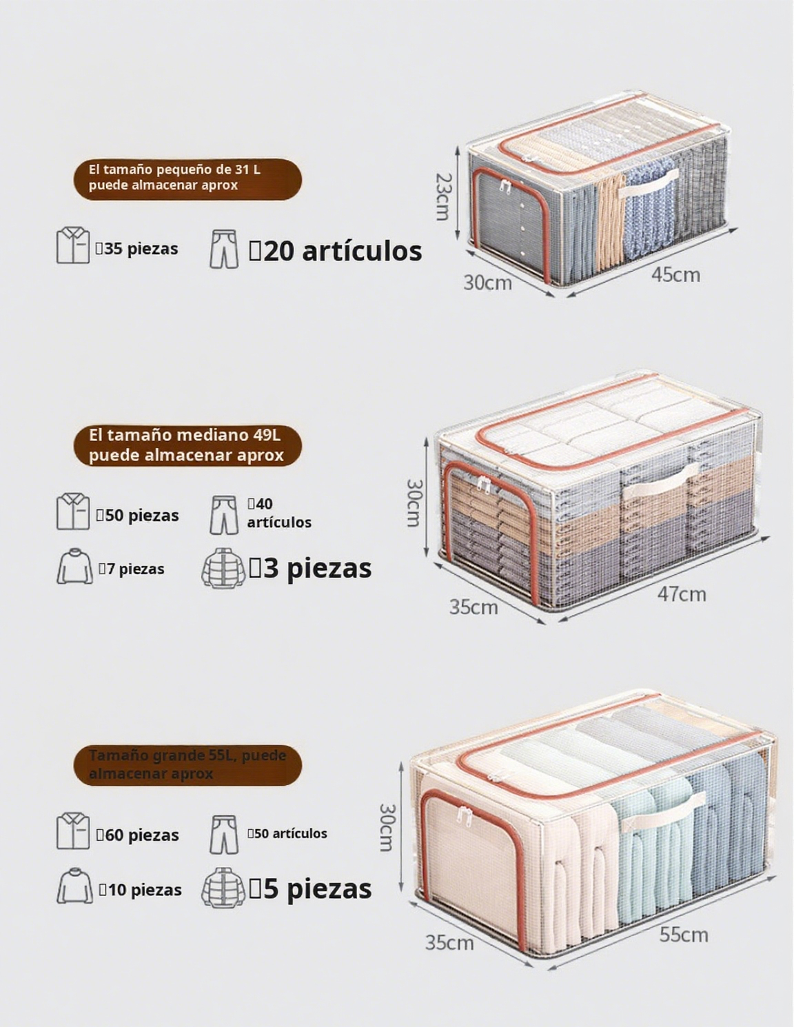  Caja de almacenamiento de ropa de PVC transparente, gran capacidad y material reforzado